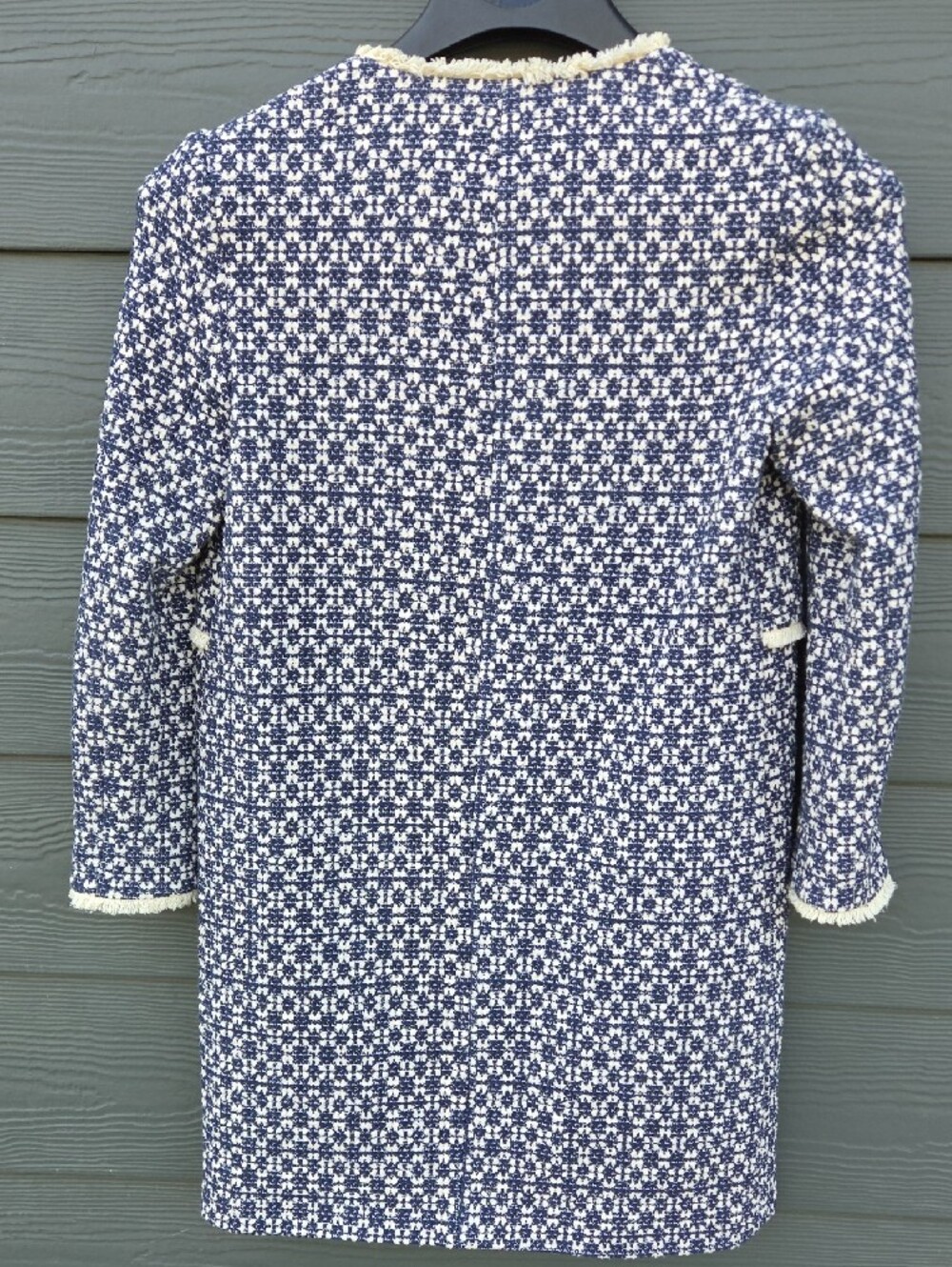 Zara Navy & Cream Bouclé Collarless Long Jacket - Picture 5 of 5